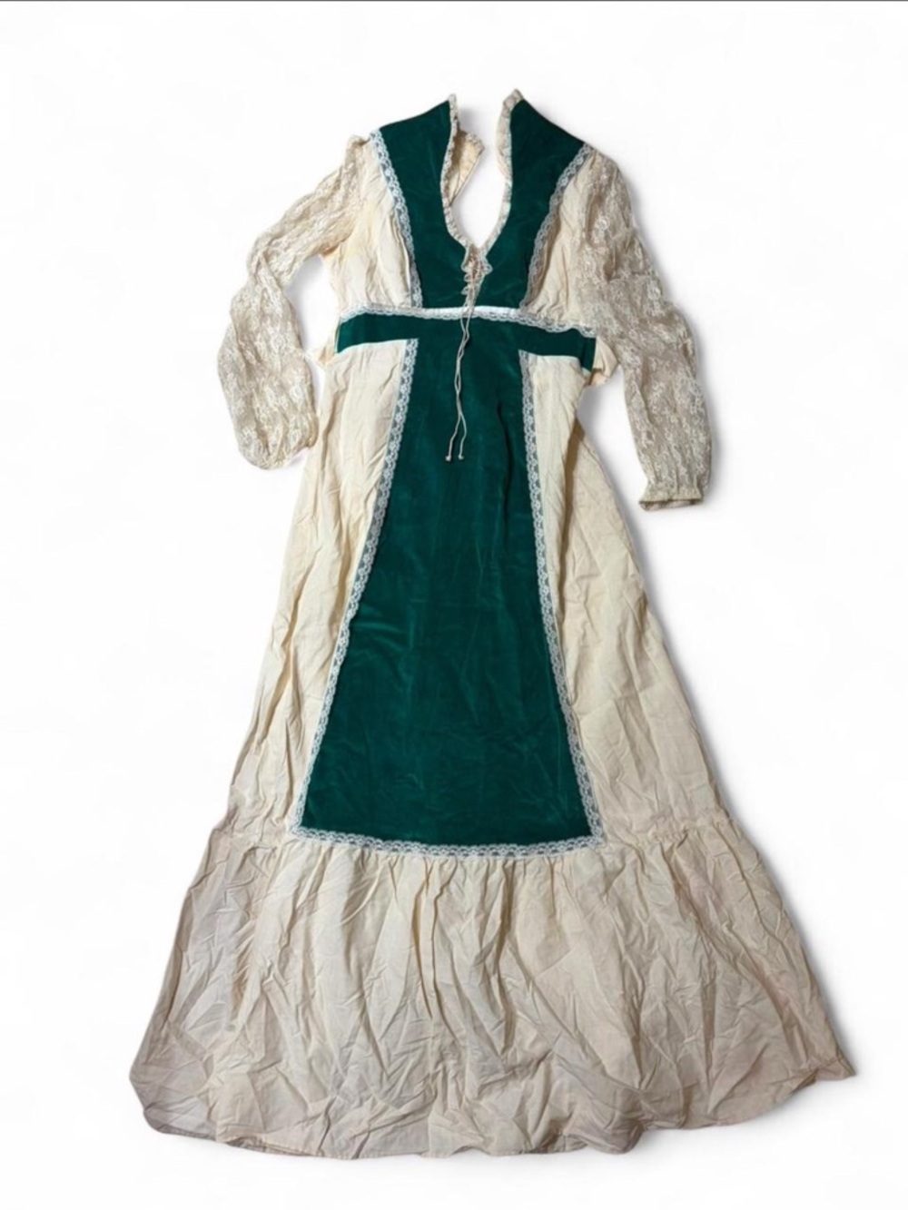 Gunne Sax Cream Maxi Dress with Emerald Green Velvet Panel
